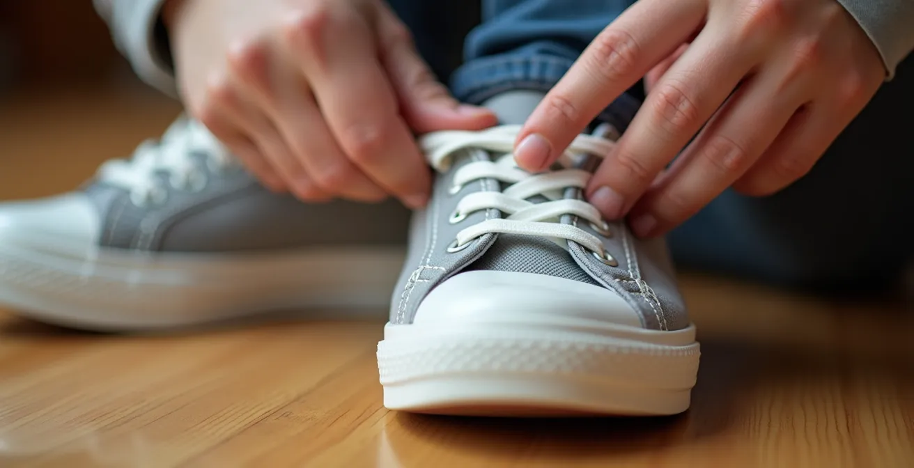 Close-up hands checking children's shoe fit with proper thumb placement technique