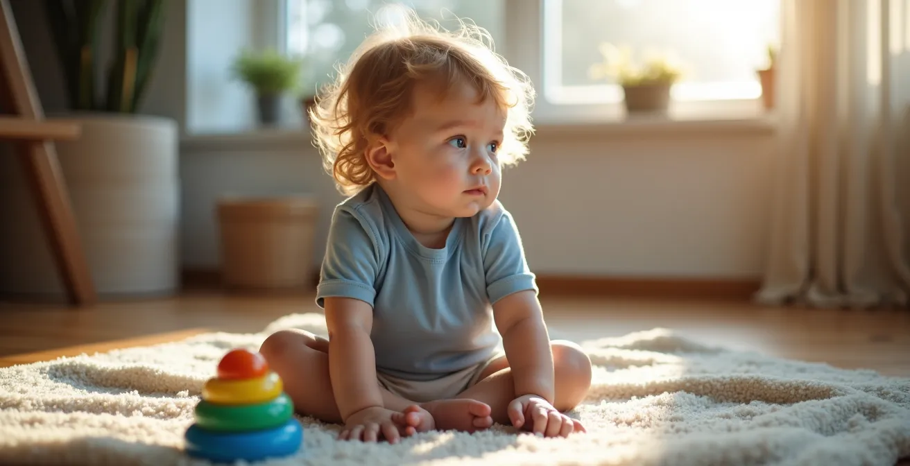 A young child resting their head on their hand while toys are scattered nearby