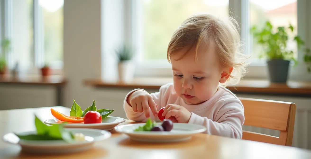Child's hands exploring different food textures on a table
