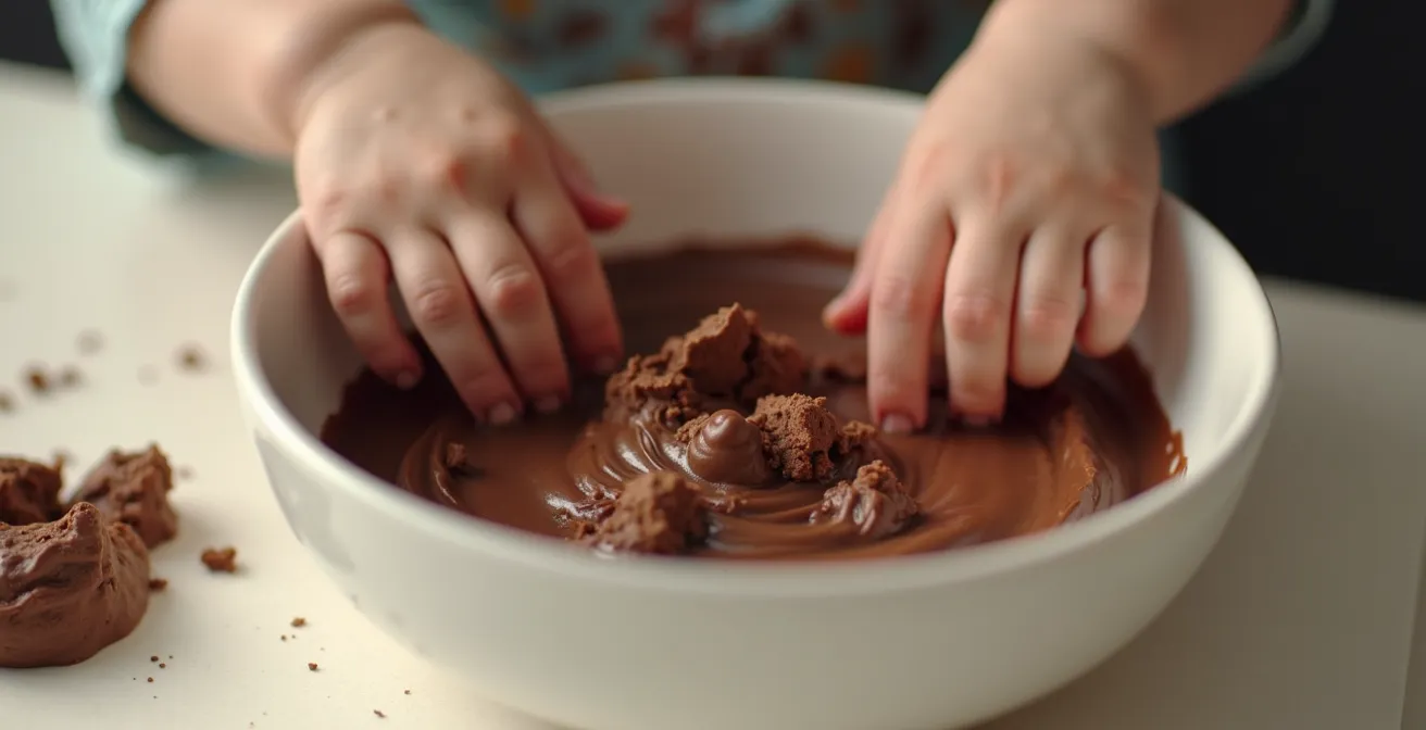 Toddler hands playing with brown edible sensory material in a shallow container