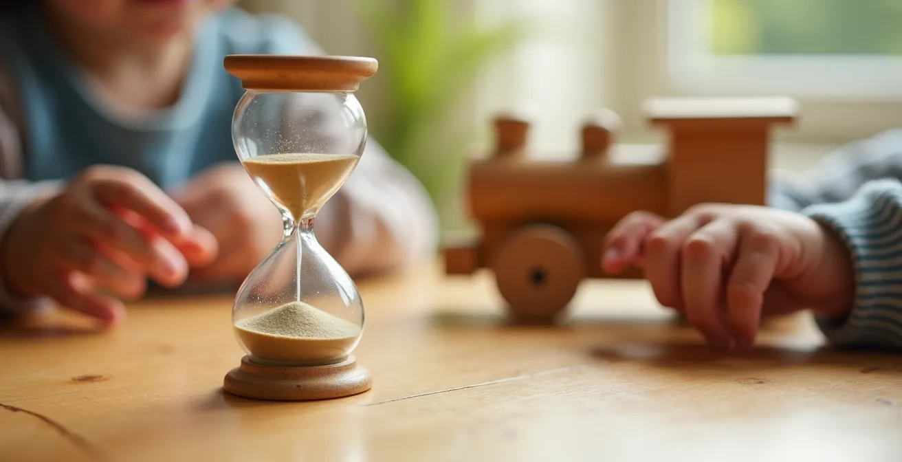 A colorful sand timer next to two children's hands reaching for the same toy