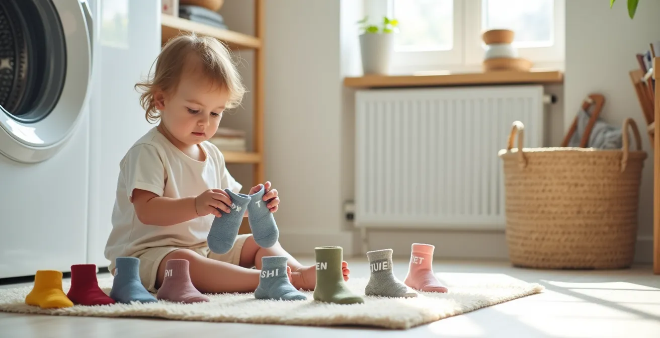 Young child engaged in sorting colorful socks from a laundry basket on the floor