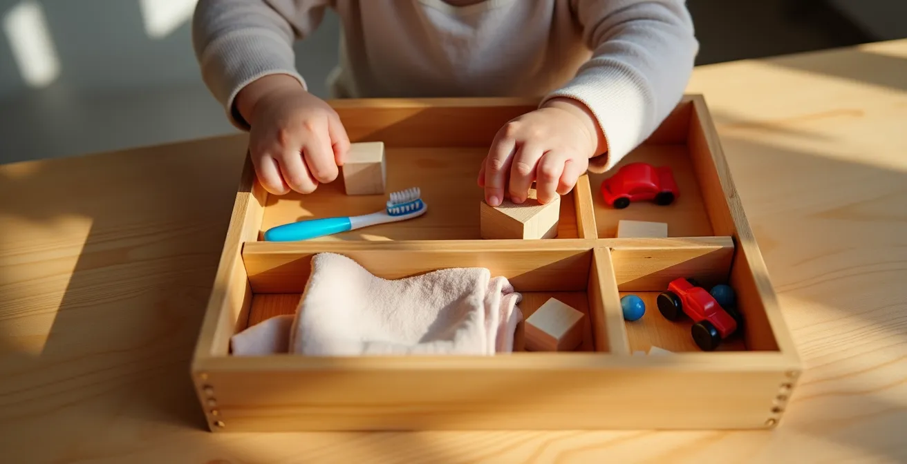 Close-up of child's hands arranging tactile objects representing daily activities in sequence