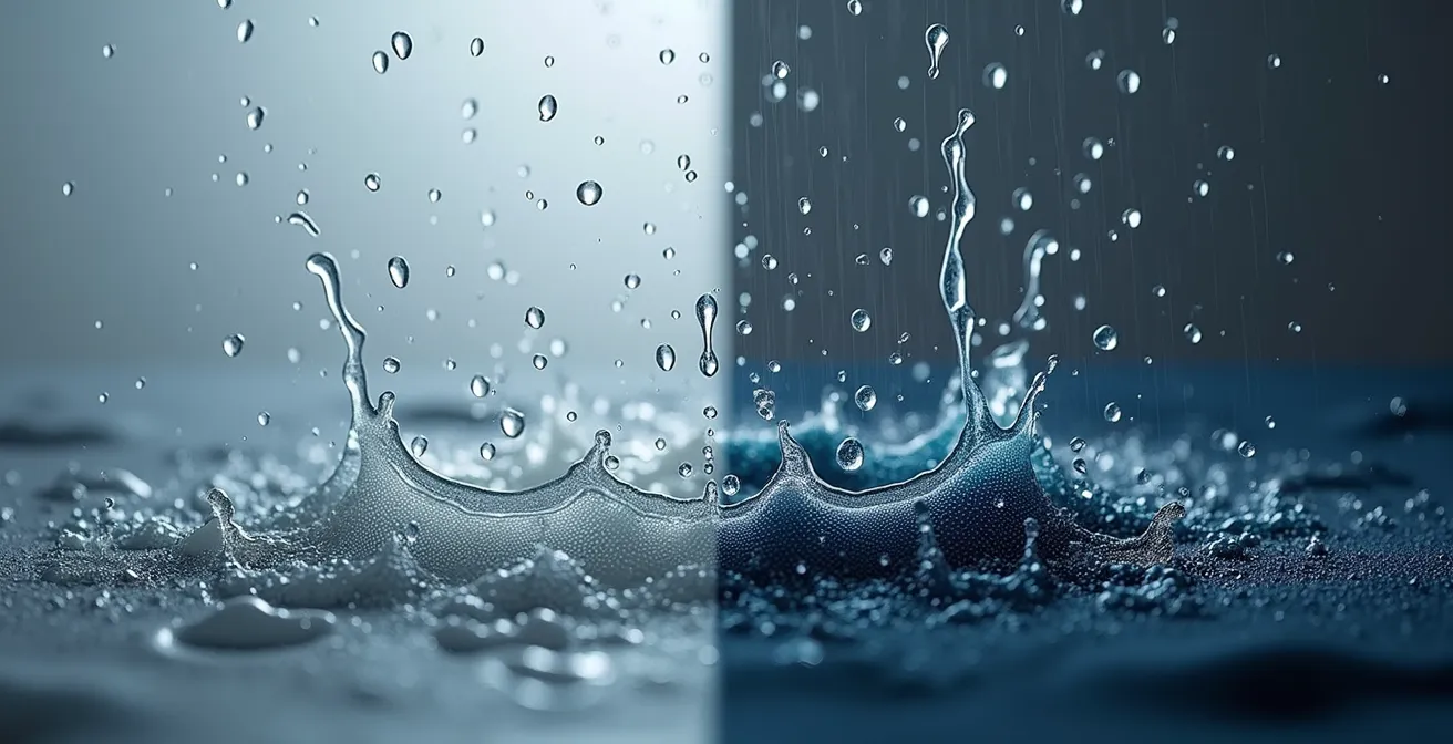 Split comparison showing water beading on treated fabric versus soaking into worn fabric